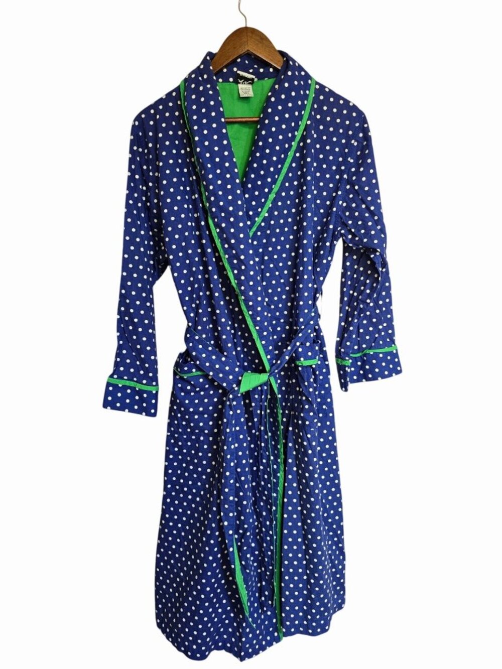 Allison Rhea OSFM Polka Dot Cotton Robe  Blue & Green Trim